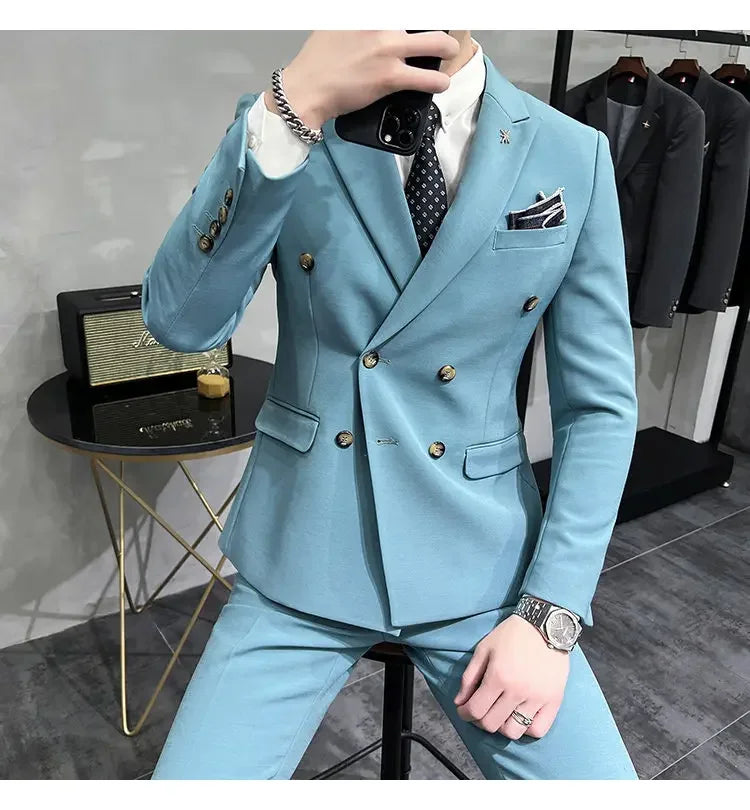 ( Jacket + Pants ) Brand Solid Color Formal Casual Business Office Double Buttons Suit Two-pcs Set Groom Wedding Dress Party