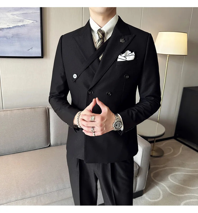 (Jackets+Pant) Latest Design Double Breasted Men Suit Dark green Groom Wedding Stage Tuxedo Man Slim Fit Business Social Suits