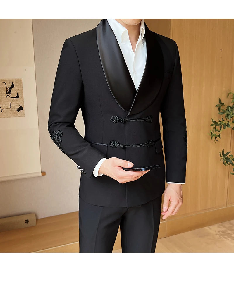 (Jacket+Pants) Vintage Luxury Chinese Style Marriage Suit Fashion High-end Slim Fit Groom Wedding Tuxedo Mens Suit 2 Piece Set