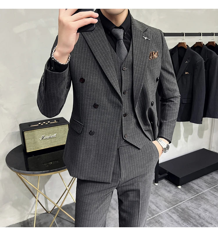 in black Fashion New Men's Boutique Business Slim Wedding Striped Double Breasted Suit Blazers Jacket Pants Trousers Vest 3 Pcs Set