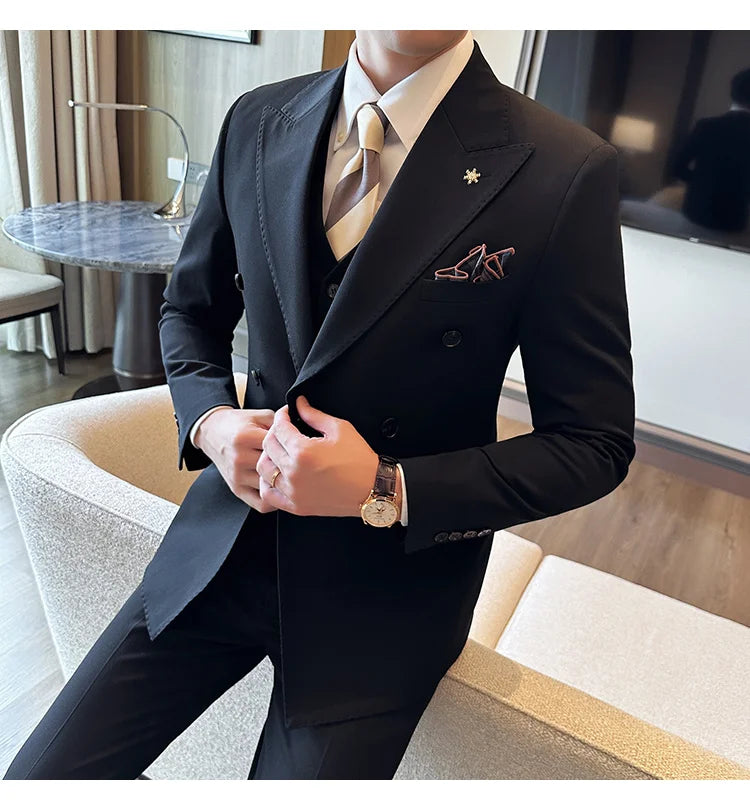 (Jacket + Trousers) Fashion Double Breasted Design Slim Men's Suit Italian Style Luxury Wedding Social Party Tuxedo 2 Piece Sets