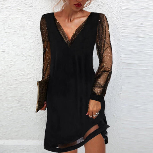 Dress Women Black V Neck Gazue Sequins Long Sleeved