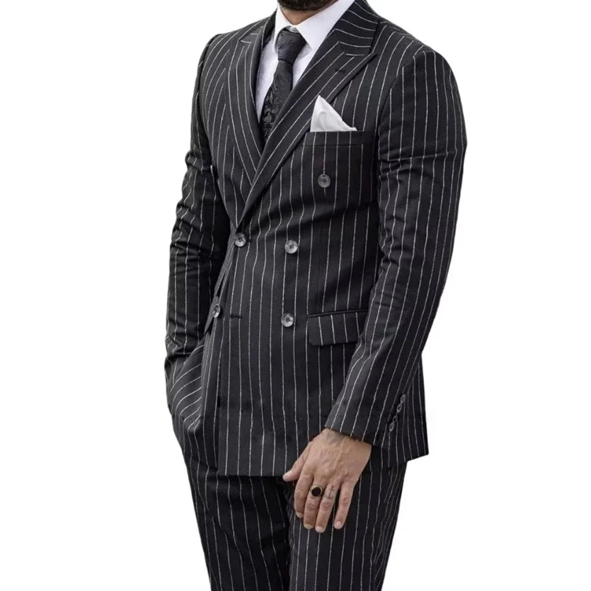 Mens Striped Suit Double-Breasted Luxury Wedding Dress Blazer Pant 2-Piece Set Formal Suit for MenGroom Business Slim Fit