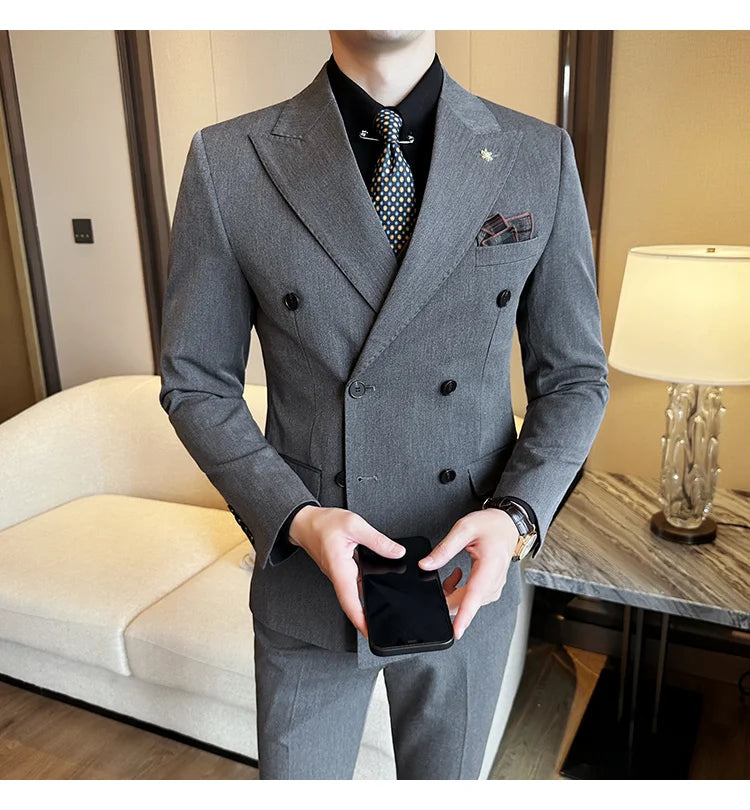 (Jacket + Trousers) Fashion Double Breasted Design Slim Men's Suit Italian Style Luxury Wedding Social Party Tuxedo 2 Piece Sets