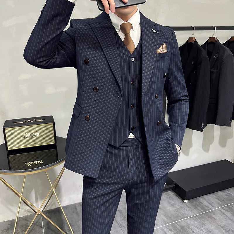 in black Fashion New Men's Boutique Business Slim Wedding Striped Double Breasted Suit Blazers Jacket Pants Trousers Vest 3 Pcs Set