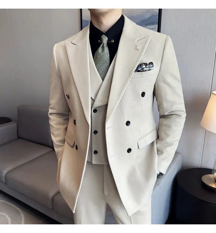 (Jacket+Vest+Pant) Autumn Winter Thickened Woolen Suit  New High Quality Slim Business Tuxedo Fashion Wedding Social Suits