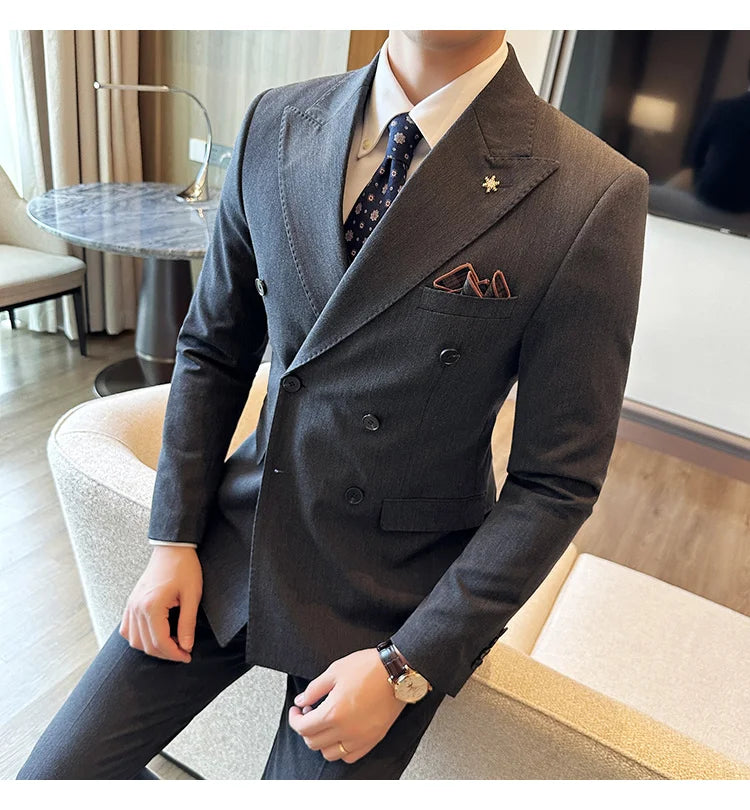 (Jacket + Trousers) Fashion Double Breasted Design Slim Men's Suit Italian Style Luxury Wedding Social Party Tuxedo 2 Piece Sets