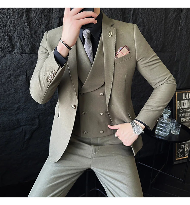 (Jackets+Pants+Vest) High Quality Men Slim Fit Party Tuxedos 3 Pieces Fashion Double Breasted Vest Design Business Wedding Suit