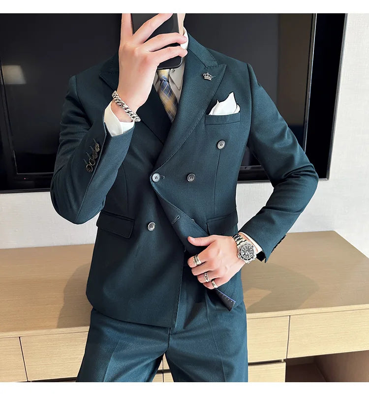 (Jackets+Pant) Latest Design Double Breasted Men Suit Dark green Groom Wedding Stage Tuxedo Man Slim Fit Business Social Suits