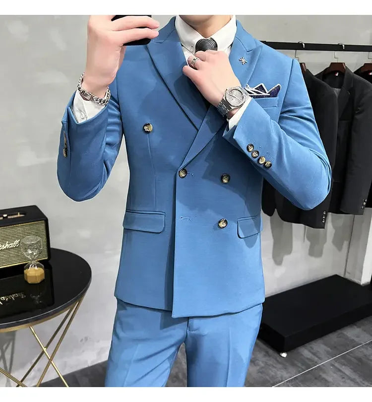 ( Jacket + Pants ) Brand Solid Color Formal Casual Business Office Double Buttons Suit Two-pcs Set Groom Wedding Dress Party