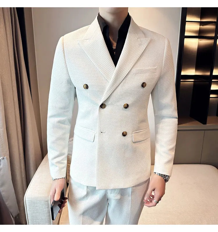 ( Jacket + Pant )Double-breasted Waffle Business Suit Men Wedding Prom Party Blazers and Trouser Homme Slim Fit Tuxedo Dress Set