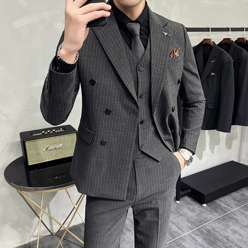 in black Fashion New Men's Boutique Business Slim Wedding Striped Double Breasted Suit Blazers Jacket Pants Trousers Vest 3 Pcs Set