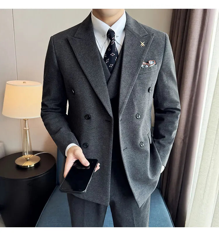 (Jacket+Vest+Pant) Autumn Winter Thickened Woolen Suit  New High Quality Slim Business Tuxedo Fashion Wedding Social Suits