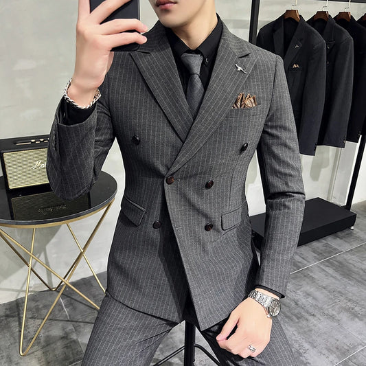 in black Fashion New Men's Boutique Business Slim Wedding Striped Double Breasted Suit Blazers Jacket Pants Trousers Vest 3 Pcs Set