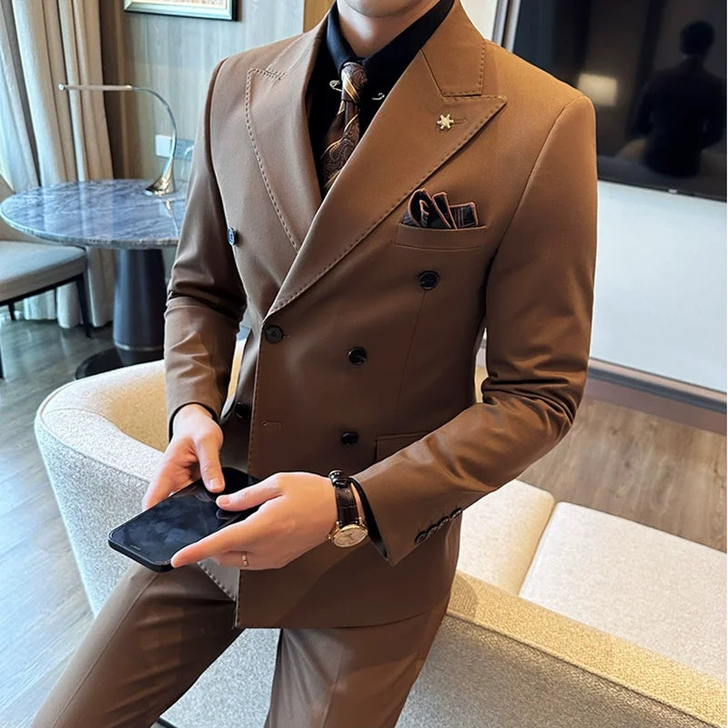 (Jacket + Trousers) Fashion Double Breasted Design Slim Men's Suit Italian Style Luxury Wedding Social Party Tuxedo 2 Piece Sets