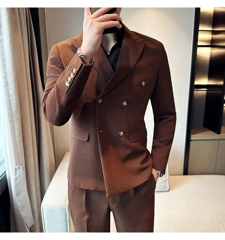 ( Jacket + Pant )Double-breasted Waffle Business Suit Men Wedding Prom Party Blazers and Trouser Homme Slim Fit Tuxedo Dress Set