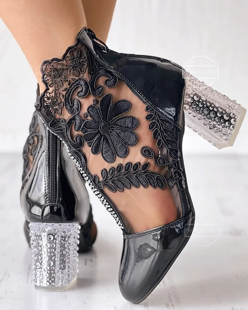 Women's Boots Floral Embroidery Clear Chunky Heel Boots Hollow Lace Chunky Heel Ankle Back Zip High Heels Bota Verano Mujer