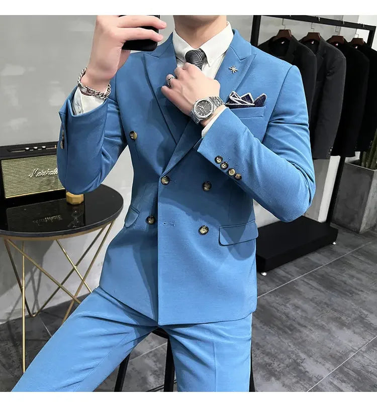 ( Jacket + Pants ) Brand Solid Color Formal Casual Business Office Double Buttons Suit Two-pcs Set Groom Wedding Dress Party