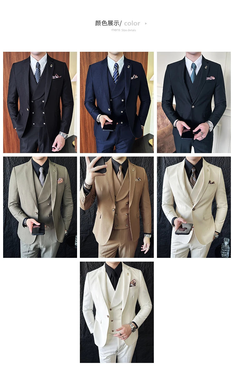 (Jackets+Pants+Vest) High Quality Men Slim Fit Party Tuxedos 3 Pieces Fashion Double Breasted Vest Design Business Wedding Suit