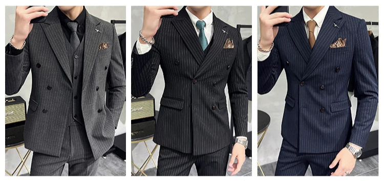 in black Fashion New Men's Boutique Business Slim Wedding Striped Double Breasted Suit Blazers Jacket Pants Trousers Vest 3 Pcs Set