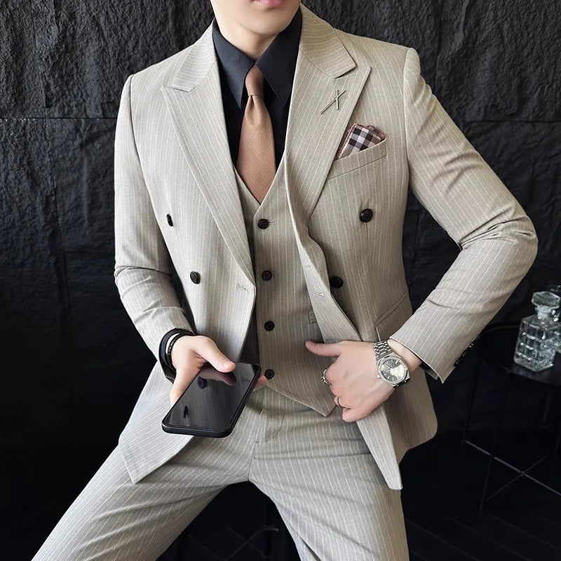 in black Fashion New Men's Boutique Business Slim Wedding Striped Double Breasted Suit Blazers Jacket Pants Trousers Vest 3 Pcs Set