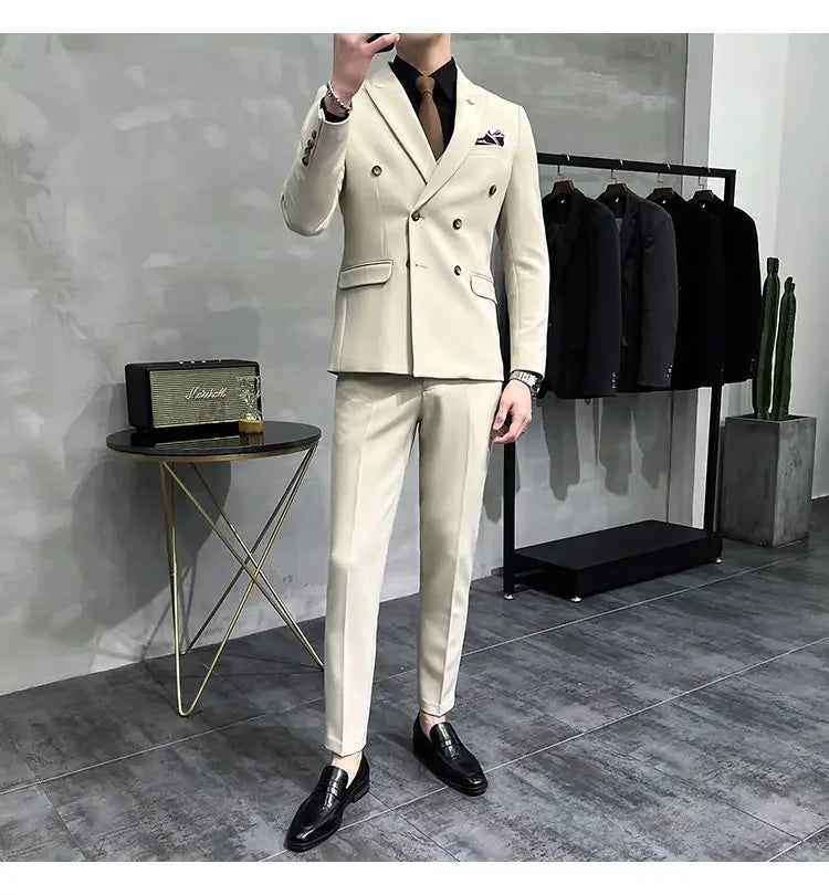 ( Jacket + Pants ) Brand Solid Color Formal Casual Business Office Double Buttons Suit Two-pcs Set Groom Wedding Dress Party