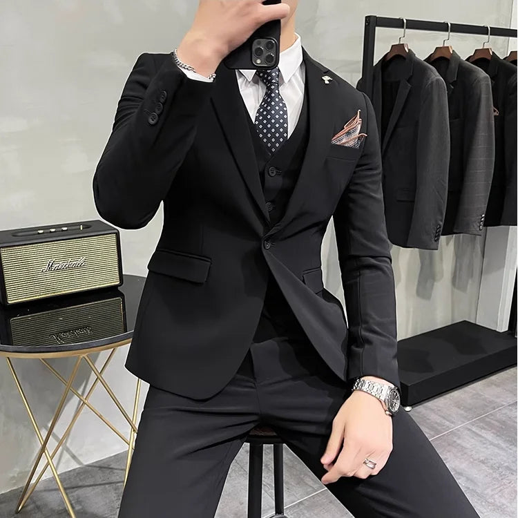 (Jacket +Vest+Pants) 2024 New Mens Wedding Suits Groom Solid Color Formal Office Business Slim Fit Suit Tuxedos 3-Pieces Set