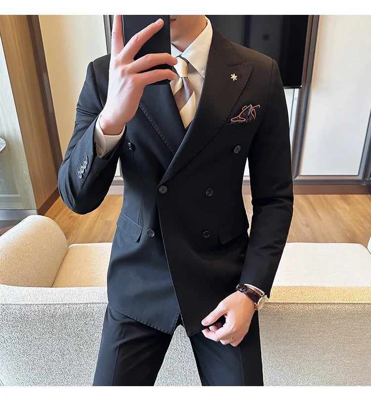 (Jacket + Trousers) Fashion Double Breasted Design Slim Men's Suit Italian Style Luxury Wedding Social Party Tuxedo 2 Piece Sets