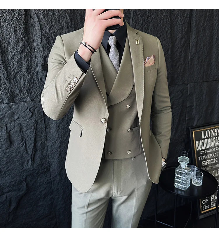 (Jackets+Pants+Vest) High Quality Men Slim Fit Party Tuxedos 3 Pieces Fashion Double Breasted Vest Design Business Wedding Suit