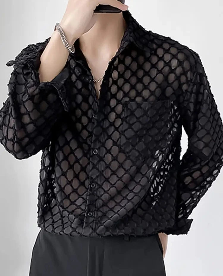 Handsome Well Fitting Men Blouse Vacation Hollow Out Stitching Male Breathable Mesh Long-sleeved Shirts S-5XL