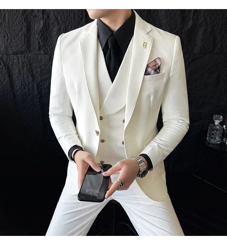 (Jackets+Pants+Vest) High Quality Men Slim Fit Party Tuxedos 3 Pieces Fashion Double Breasted Vest Design Business Wedding Suit