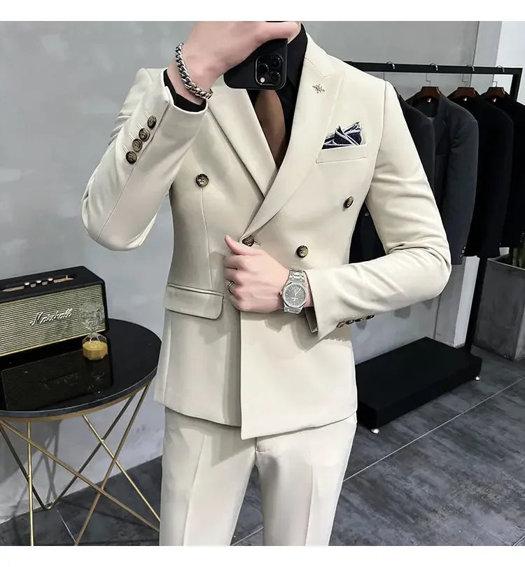 ( Jacket + Pants ) Brand Solid Color Formal Casual Business Office Double Buttons Suit Two-pcs Set Groom Wedding Dress Party