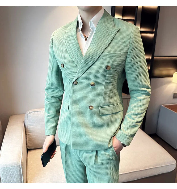 ( Jacket + Pant )Double-breasted Waffle Business Suit Men Wedding Prom Party Blazers and Trouser Homme Slim Fit Tuxedo Dress Set