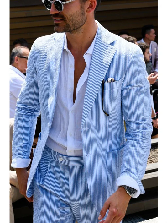 2 Pieces Sky Blue Men Suits Seersucker  Suits Notched Lapel Summer Leisure Beach Jacket+Pant  Groom Wedding Tuxedos