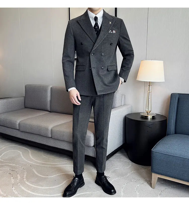 (Jacket+Vest+Pant) Autumn Winter Thickened Woolen Suit  New High Quality Slim Business Tuxedo Fashion Wedding Social Suits