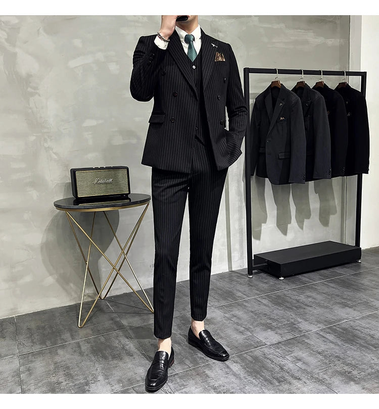 in black Fashion New Men's Boutique Business Slim Wedding Striped Double Breasted Suit Blazers Jacket Pants Trousers Vest 3 Pcs Set