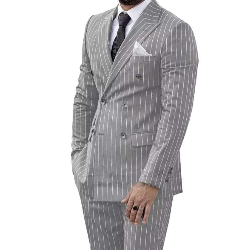 Mens Striped Suit Double-Breasted Luxury Wedding Dress Blazer Pant 2-Piece Set Formal Suit for MenGroom Business Slim Fit