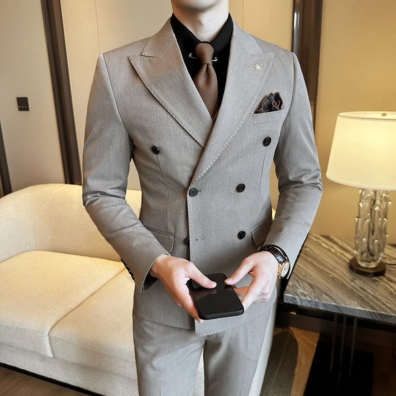 (Jacket + Trousers) Fashion Double Breasted Design Slim Men's Suit Italian Style Luxury Wedding Social Party Tuxedo 2 Piece Sets