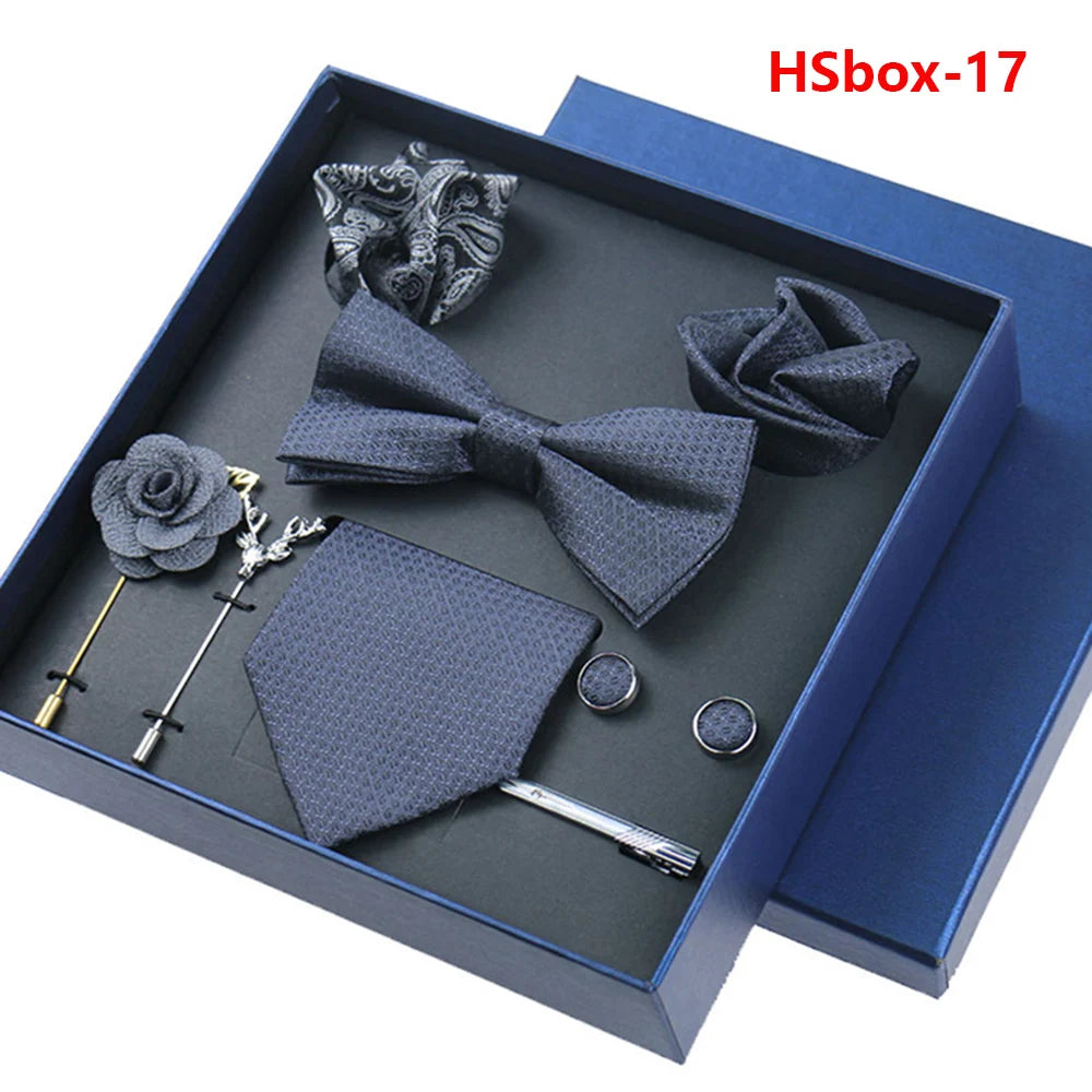 Set Bussiness Blue Ties For Mans Floral Brooches Pin Cufflinks Tie Clips Butterfly Bowtie Wedding Accessori Gift Box Set