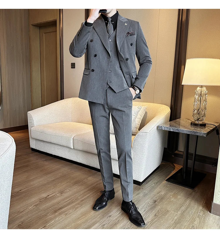 (Jacket + Trousers) Fashion Double Breasted Design Slim Men's Suit Italian Style Luxury Wedding Social Party Tuxedo 2 Piece Sets