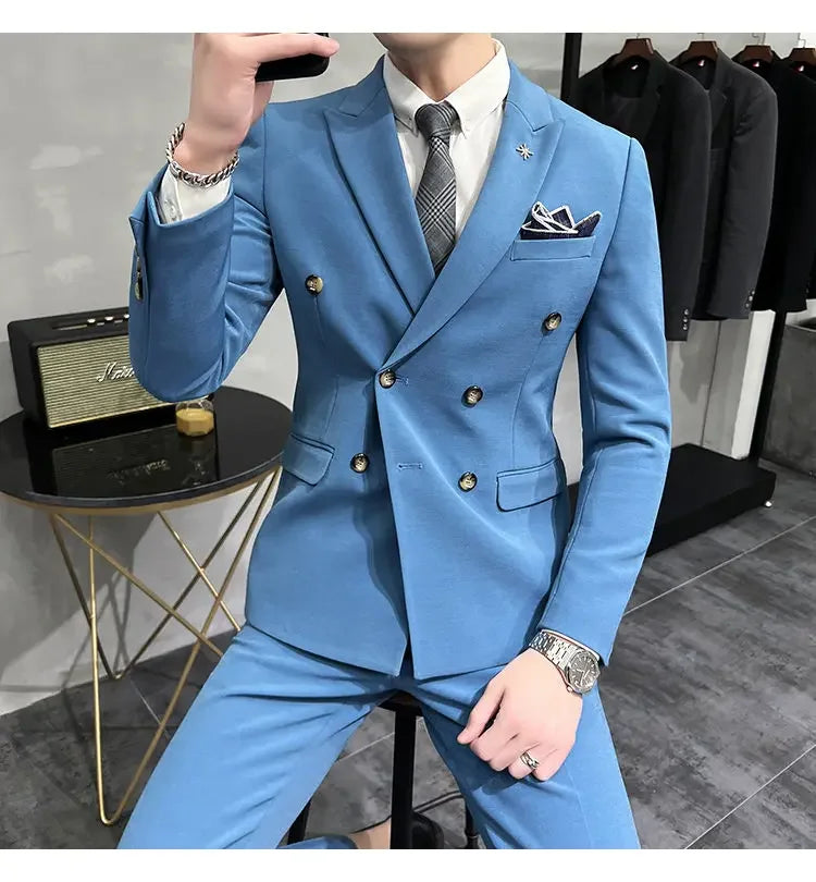 ( Jacket + Pants ) Brand Solid Color Formal Casual Business Office Double Buttons Suit Two-pcs Set Groom Wedding Dress Party