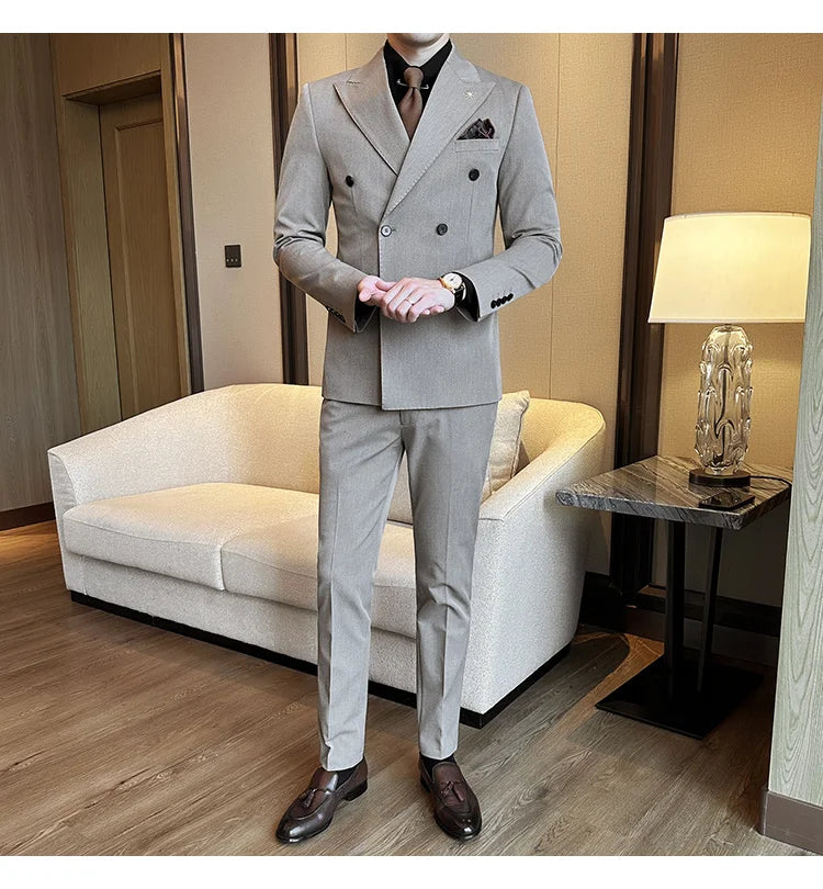 (Jacket + Trousers) Fashion Double Breasted Design Slim Men's Suit Italian Style Luxury Wedding Social Party Tuxedo 2 Piece Sets