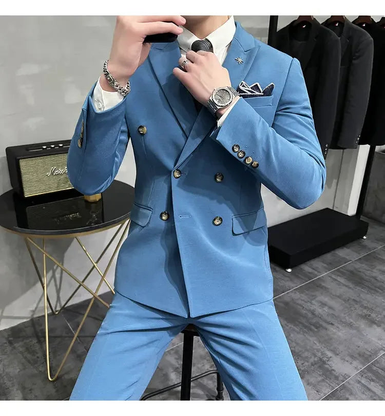 ( Jacket + Pants ) Brand Solid Color Formal Casual Business Office Double Buttons Suit Two-pcs Set Groom Wedding Dress Party