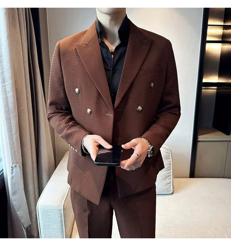 ( Jacket + Pant )Double-breasted Waffle Business Suit Men Wedding Prom Party Blazers and Trouser Homme Slim Fit Tuxedo Dress Set