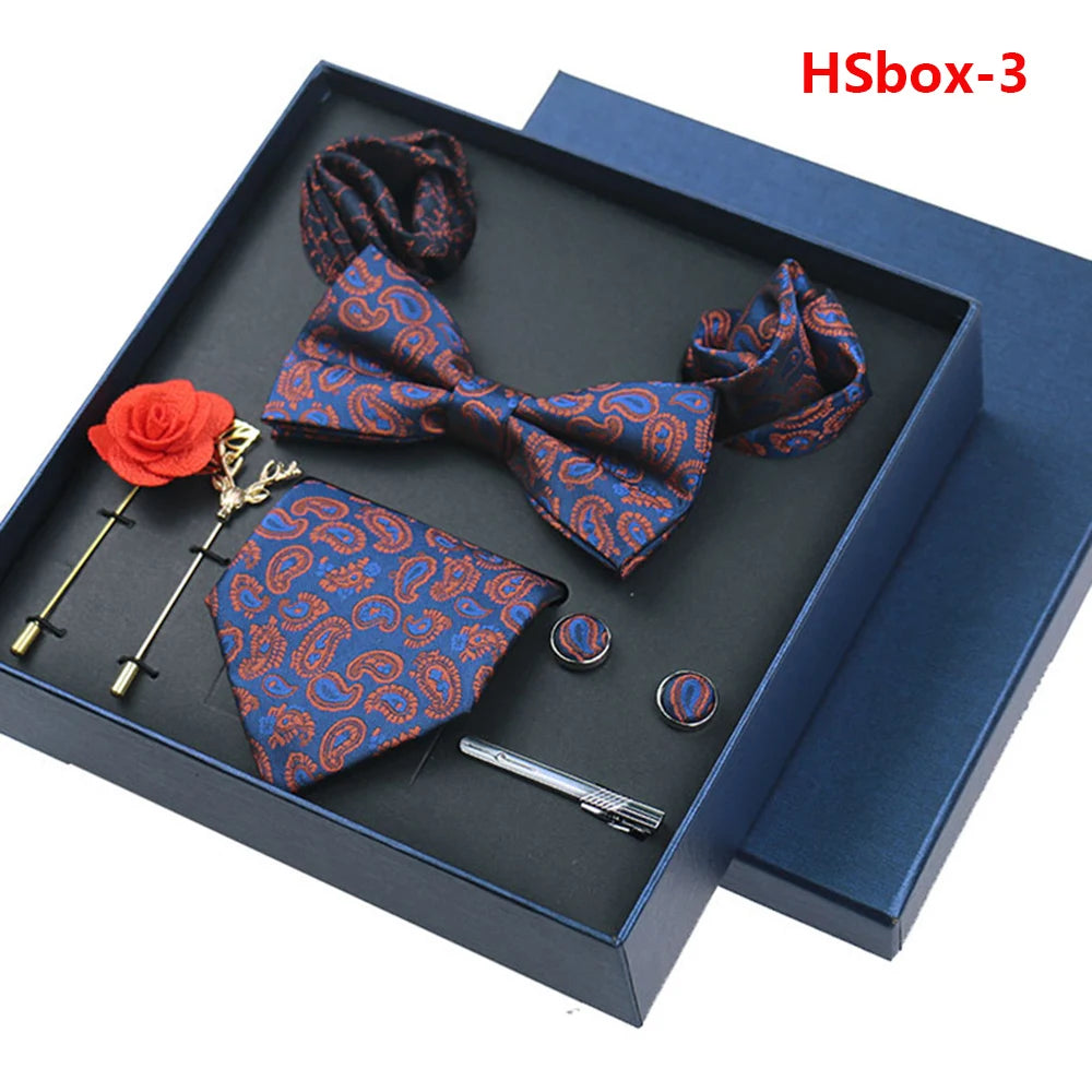 Set Bussiness Blue Ties For Mans Floral Brooches Pin Cufflinks Tie Clips Butterfly Bowtie Wedding Accessori Gift Box Set