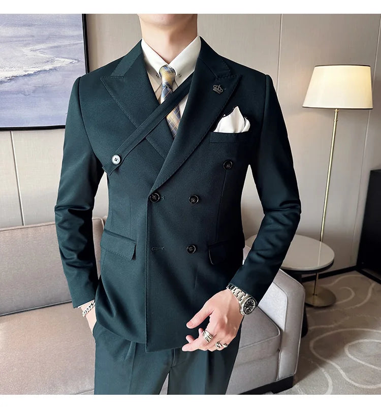 (Jackets+Pant) Latest Design Double Breasted Men Suit Dark green Groom Wedding Stage Tuxedo Man Slim Fit Business Social Suits