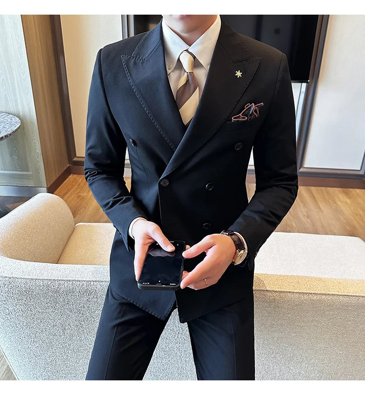 (Jacket + Trousers) Fashion Double Breasted Design Slim Men's Suit Italian Style Luxury Wedding Social Party Tuxedo 2 Piece Sets