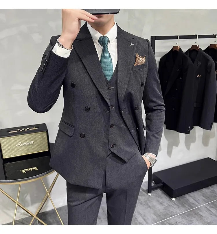 in black Fashion New Men's Boutique Business Slim Wedding Striped Double Breasted Suit Blazers Jacket Pants Trousers Vest 3 Pcs Set