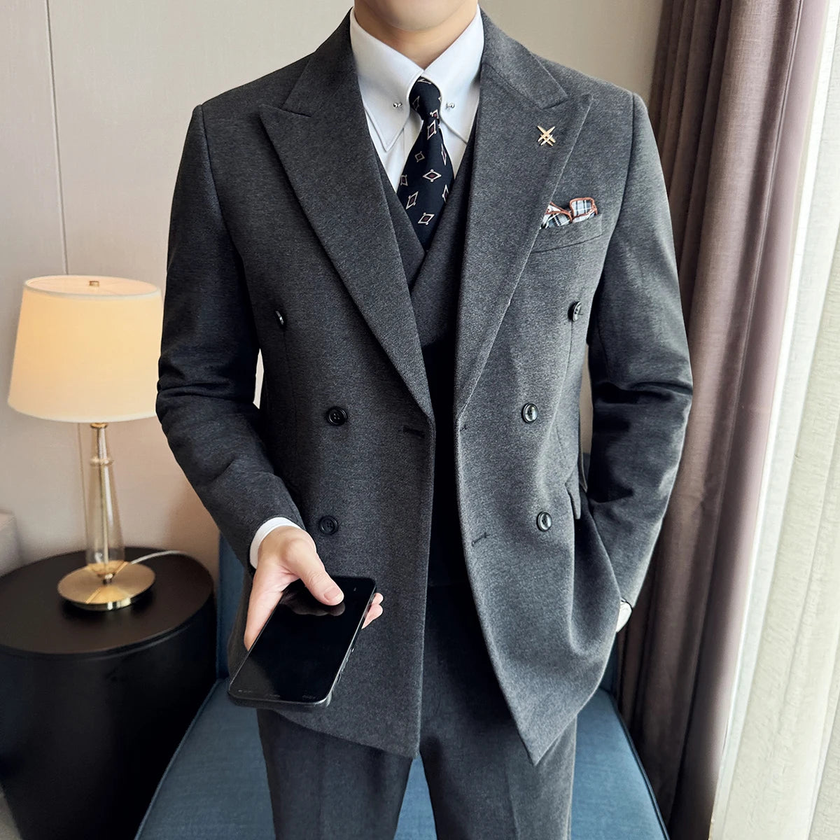 (Jacket+Vest+Pant) Autumn Winter Thickened Woolen Suit  New High Quality Slim Business Tuxedo Fashion Wedding Social Suits