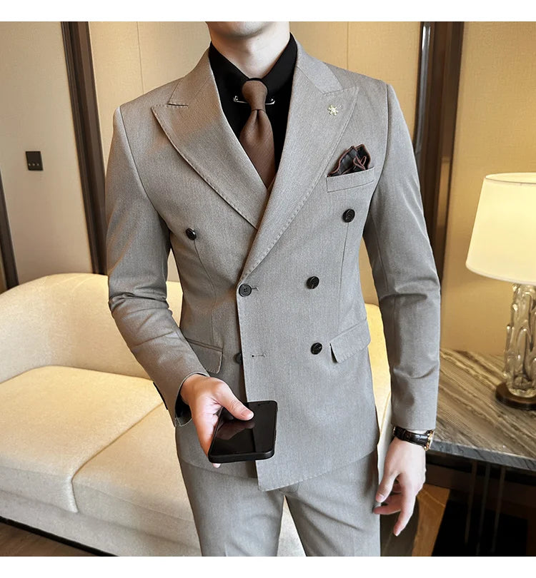 (Jacket + Trousers) Fashion Double Breasted Design Slim Men's Suit Italian Style Luxury Wedding Social Party Tuxedo 2 Piece Sets